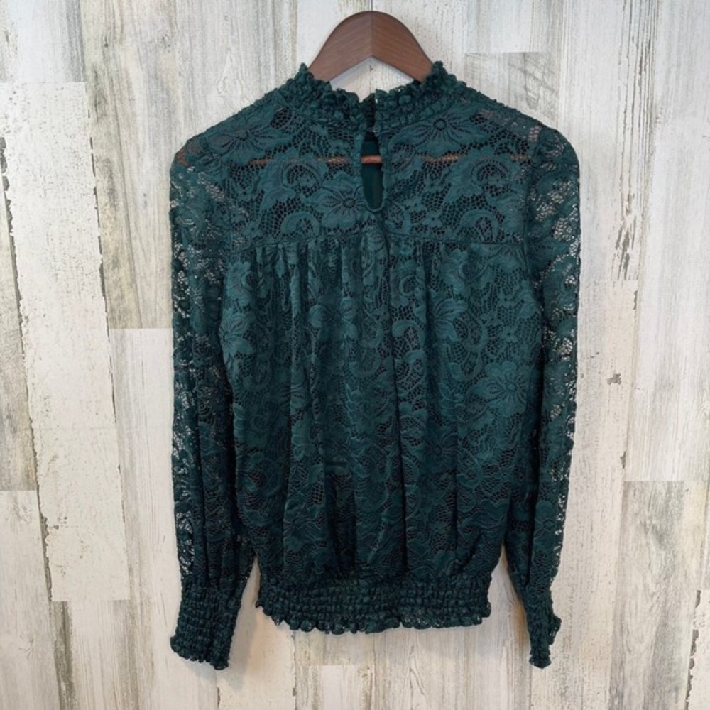 Cable & Gauge Women's Green Lace Top Long Sleeve Smocked Blouse Size L